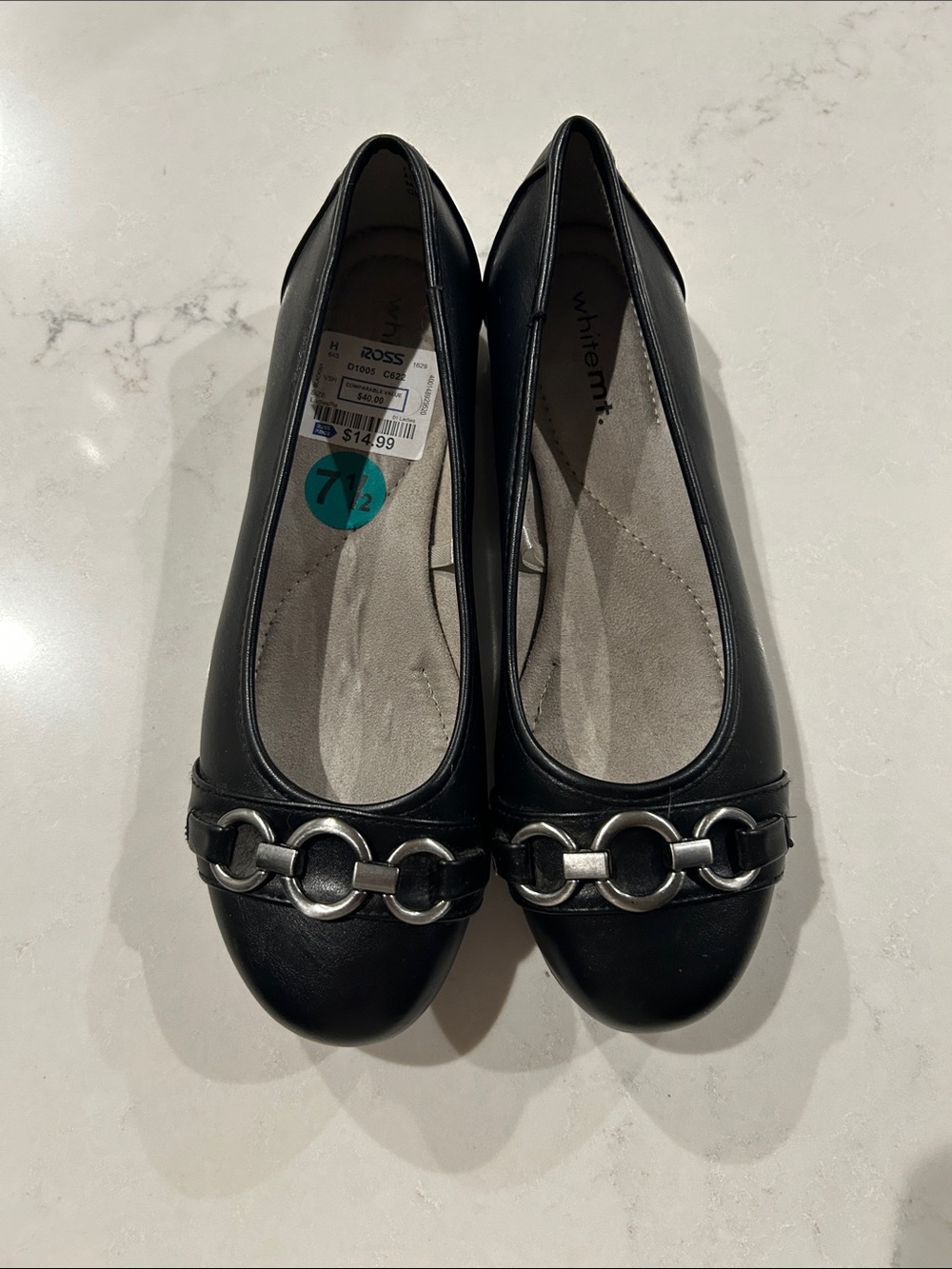 Comfortiva Black Ballet Flats with Silver Chain Accent